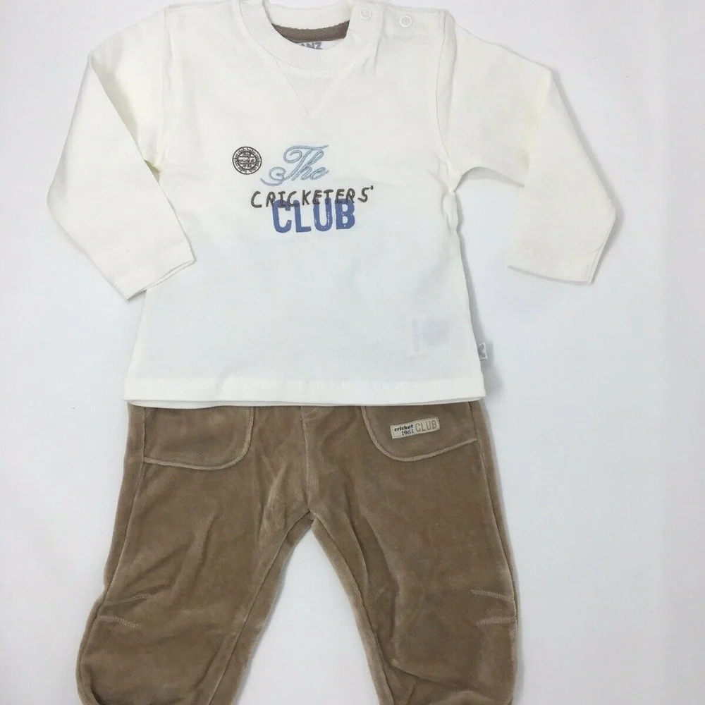 Kanz Baby Boys 3pc Velour Blue and Tan Tracksuit (hoodie, pants, shirt) Outfit